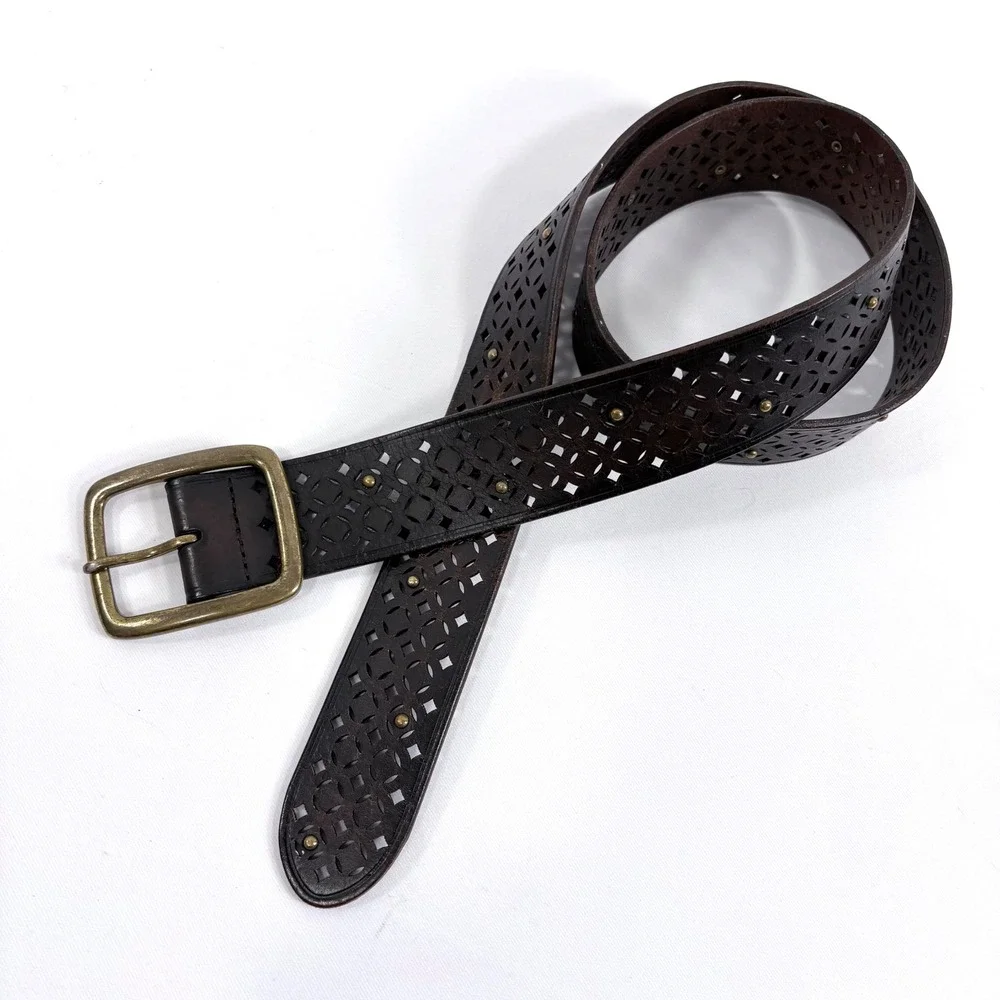 Gap Belt Dark Brown Leather Laser Cut‎ Studded Brass Buckle Wide Women L